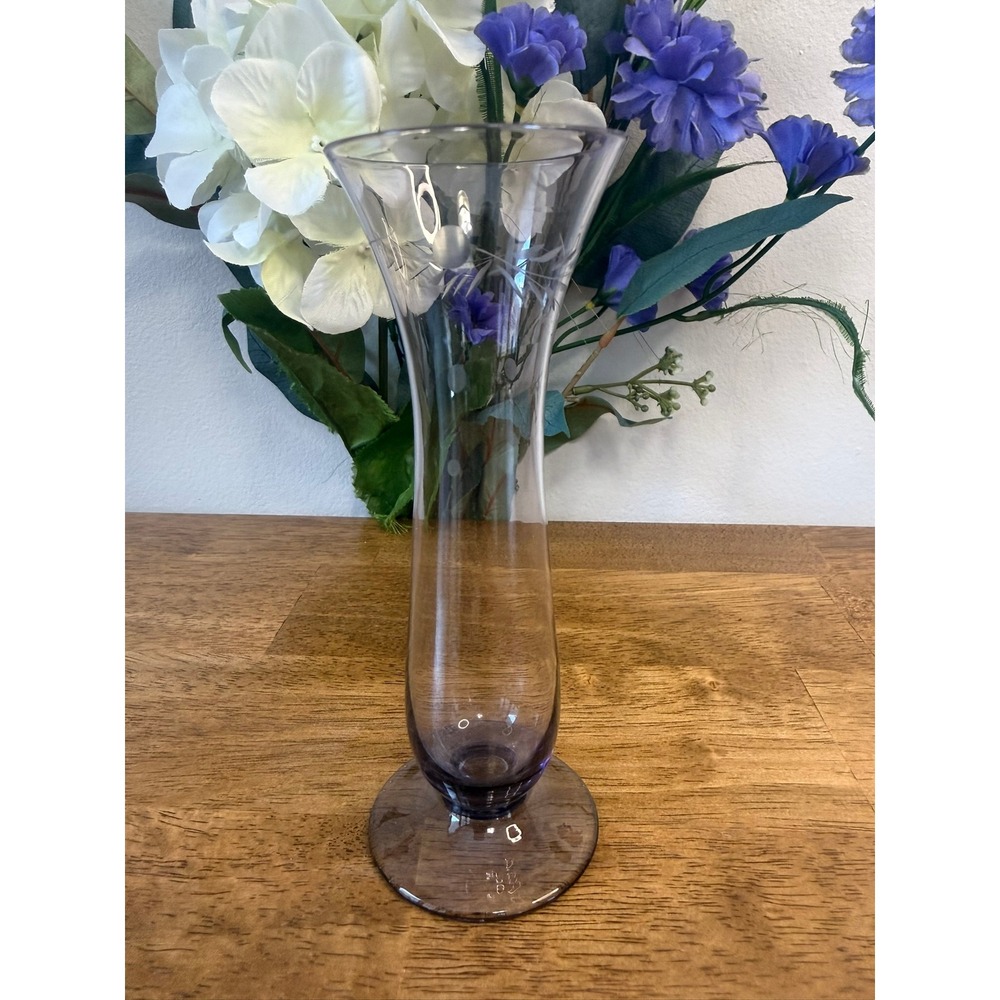 Vintage Etched Floral Glass Trumpet Vase Amethyst Smoke Mid Century Art‎ Glass